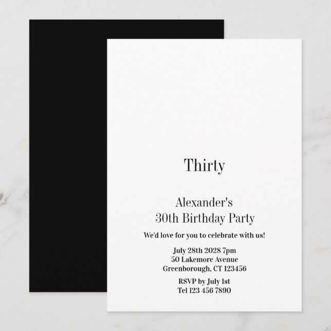 Thirty Black and White Minimal 30th Birthday Party Einladung (Vorne/Hinten)