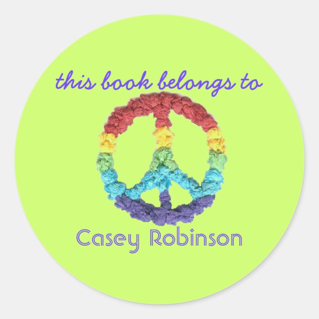 "This book belongs to" peace sign bookplate Runder Aufkleber (Vorderseite)