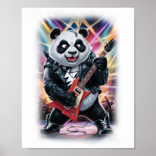 This Funny Panda plays Hardrock on a White Poster (Vorne)