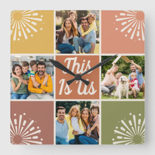 This Is Us Mid-Century 4-Foto-Collage-Familie Quadratische Wanduhr