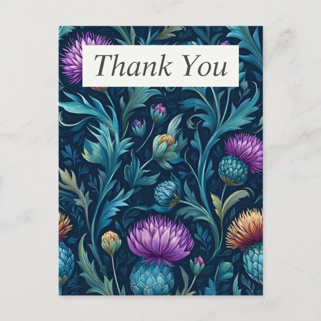 Thistle & Blätter auf dunklem Hintergrund Danke Ka Postkarte (Vorderseite)