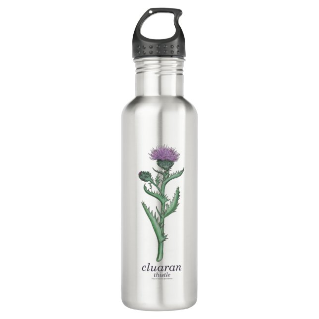 thistle / cluaran mit schottisch-gälischer überset edelstahlflasche (Vorderseite)