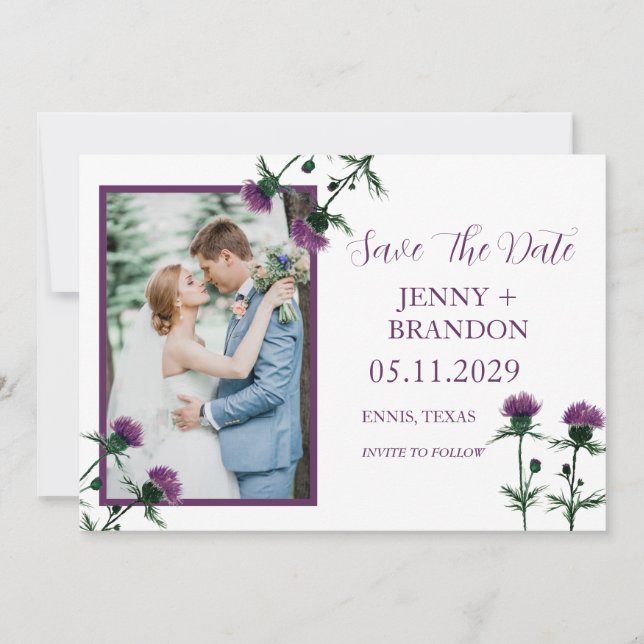 Thistle Elegant Schottisches Lila florales Foto Save The Date (Vorderseite)