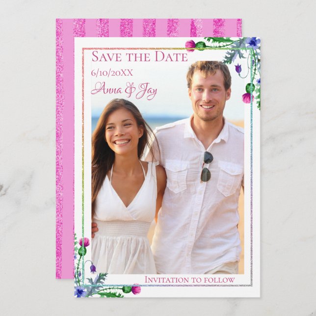 Thistle Floral Foto Save the Date Einladung (Vorne/Hinten)