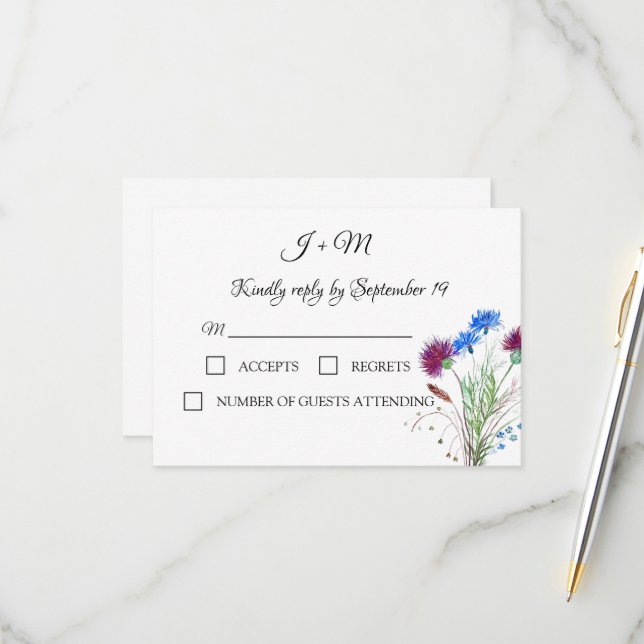 Thistle Floral Scottish Watercolor Wedding RSVP (Vorderseite/Rückseite Beispiel)