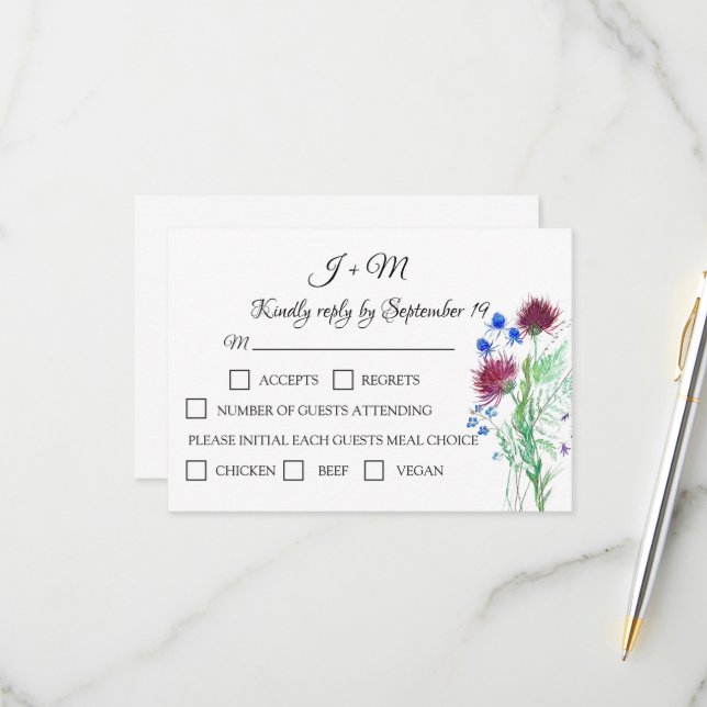 Thistle Floral Scottish Watercolor Wedding RSVP (Vorderseite/Rückseite Beispiel)