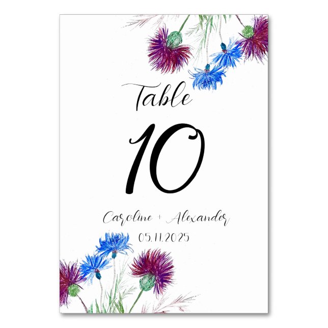 Thistle Lila Floral Scottish Rustic Wedding Tischnummer (Vorderseite)