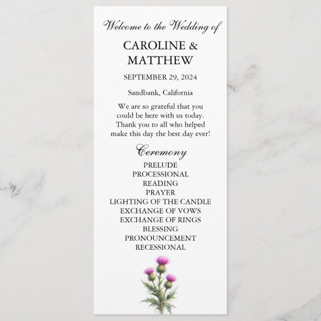 Thistle Purple Floral Elegant Modern Wedding  Programm (Vorderseite)