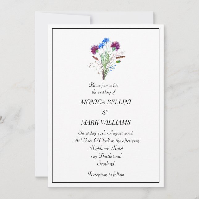 Thistle Purple Floral Scottish Minimalist Wedding Einladung (Vorderseite)