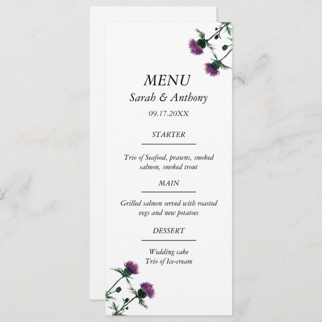 Thistle Scotland Floral Watercolor Wedding Food Menükarte (Vorne/Hinten)