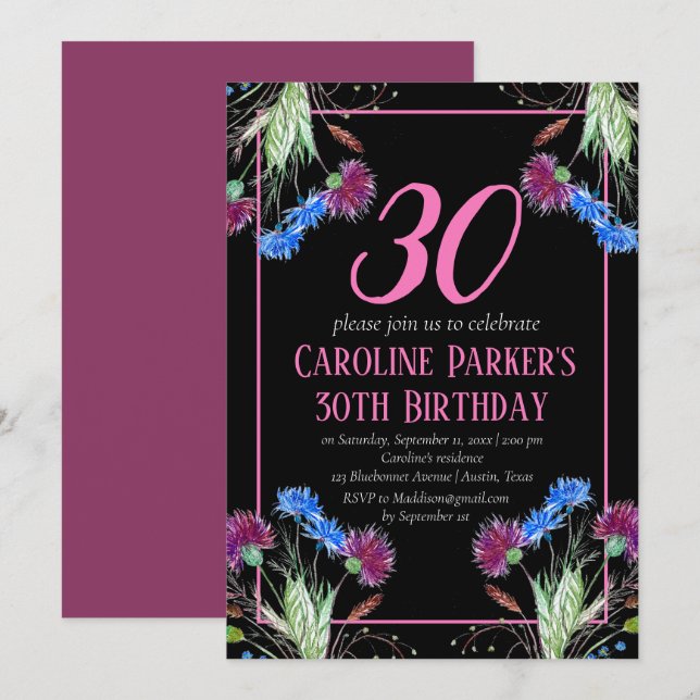 Thistle Scottish 30th Birthday Lila Floral Einladung (Vorne/Hinten)