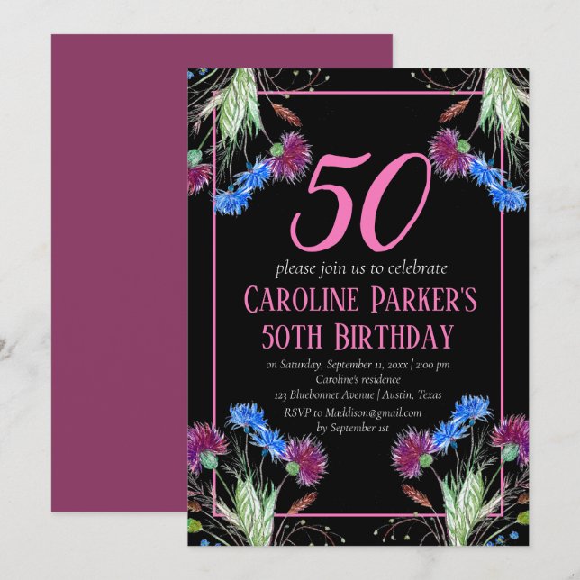 Thistle Scottish 50th Birthday Lila Floral Einladung (Vorne/Hinten)