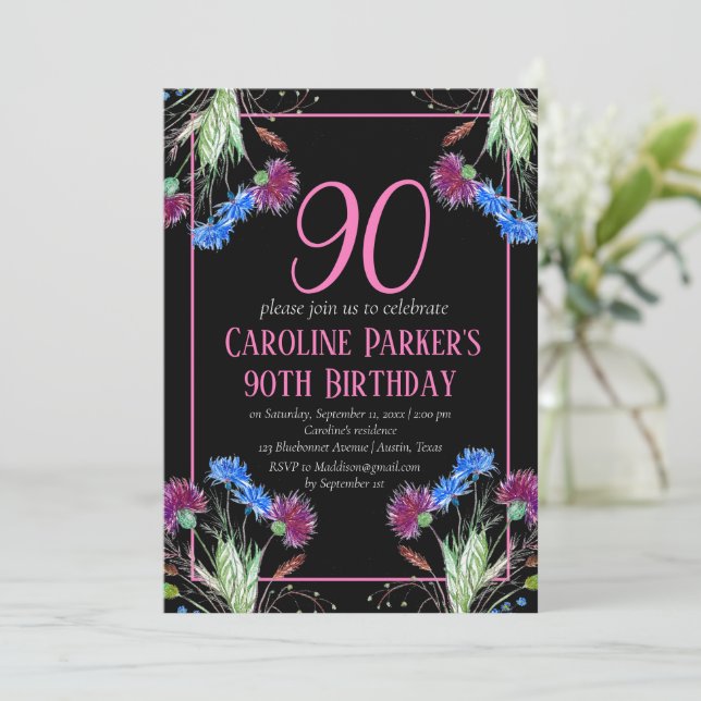 Thistle Scottish 90th Birthday Lila Floral Einladung (Stehend Vorderseite)