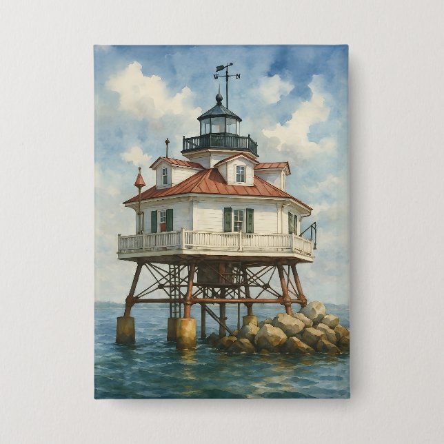 Thomas Point Shoal Leuchtturm Aquarell Button (Vorderseite)