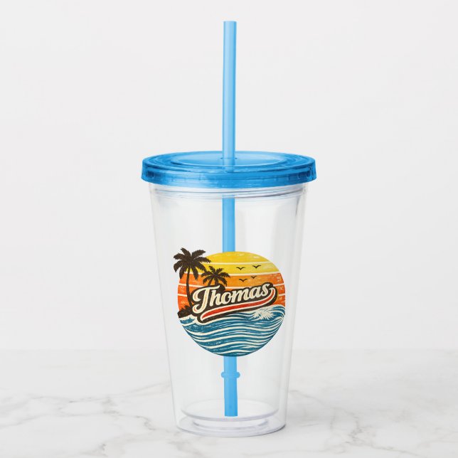 Thomas Retro-Sonnenuntergangs-Name-Design Acryltrinkbecher (Vorderseite)