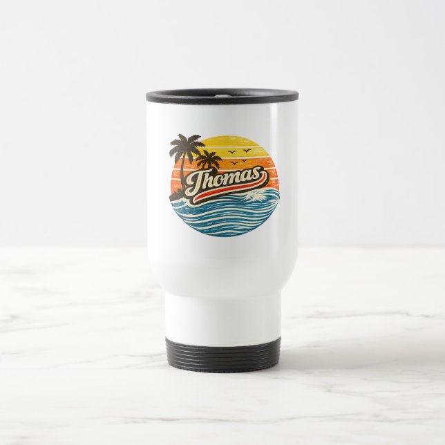 Thomas Retro-Sonnenuntergangs-Name-Design Reisebecher (Mittel)