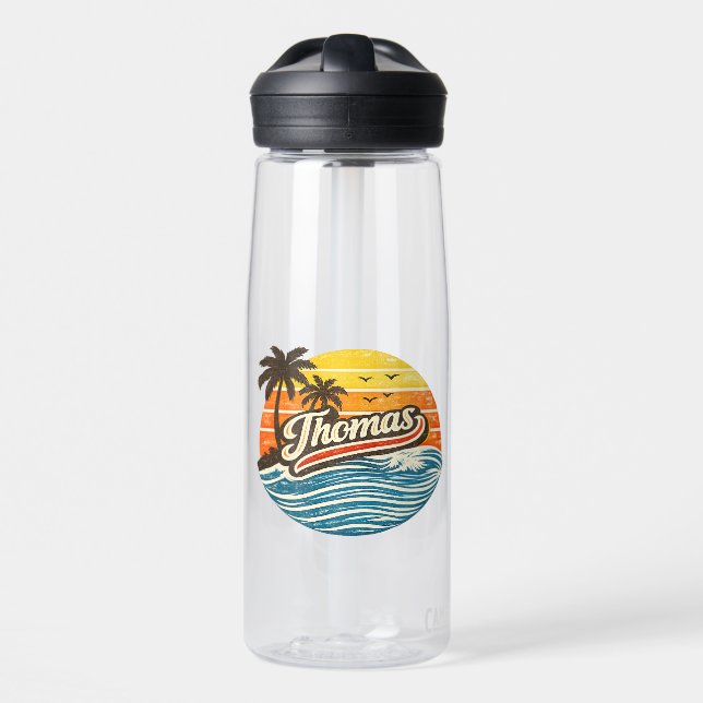 Thomas Retro-Sonnenuntergangs-Name-Design Trinkflasche (Vorne)