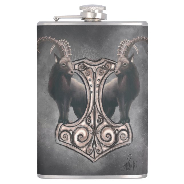 Thor's Might: Mjölnir und der Thunderous Companion Flachmann (Vorderseite)