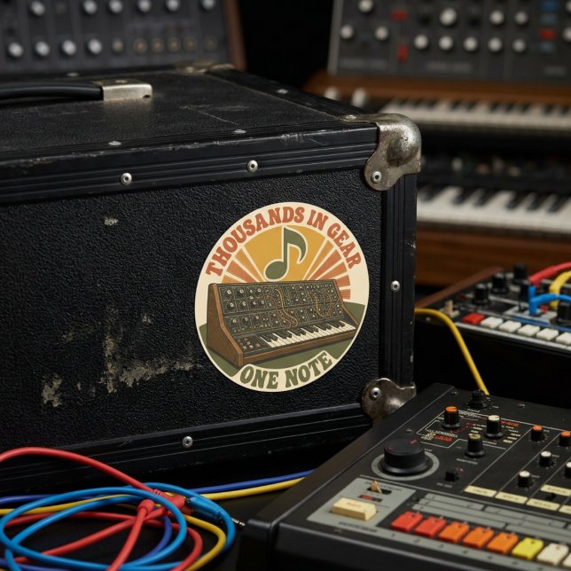 Thousands in Gear, One Note – Lustiger Synth Nerd Runder Aufkleber (Von Creator hochgeladen)