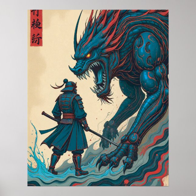 "Threads of War – Cyber Samurai vs Glyph Beast" Poster (Vorne)