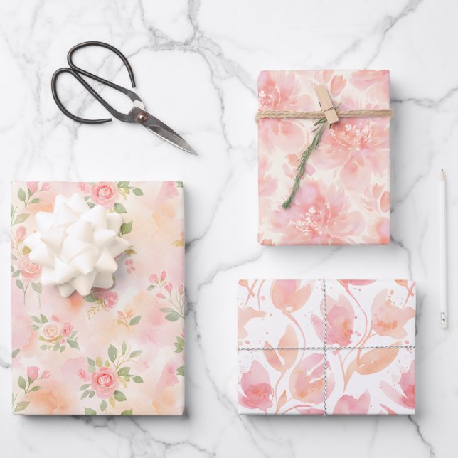 Three Abstract Watercolor Peach Pink Patterns Geschenkpapier Set (Vorderseite)