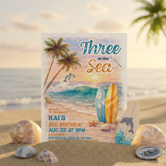 Three am Meer Retro Surf Strand 3. Geburtstag Einladung
