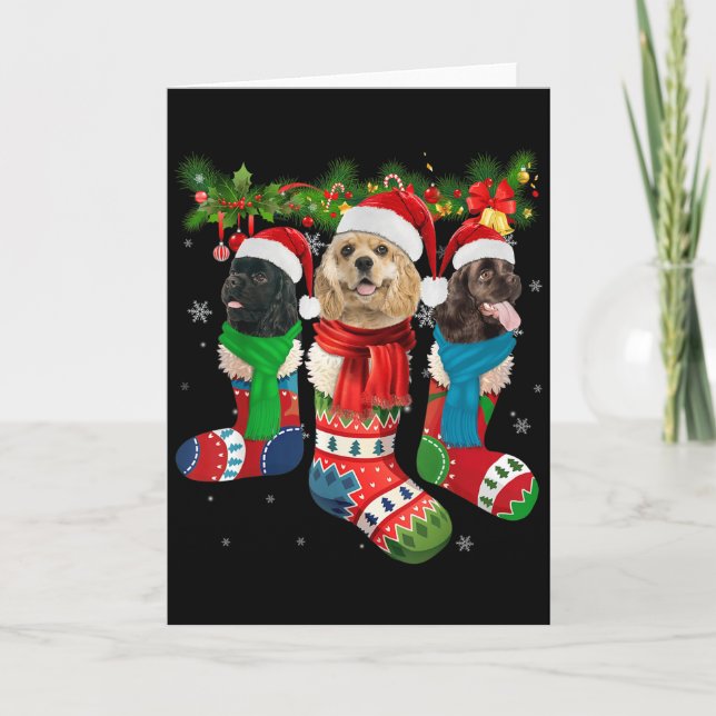 Three American Er Spaniels In Christmas Socks  Karte (Vorderseite)