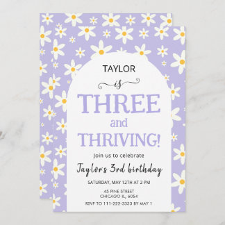 THREE and Thriving Purple Daisy 3rd Birthday Einladung