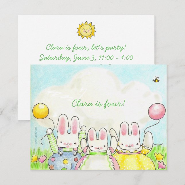 Three Balloon Bunny Einladung (Vorne/Hinten)