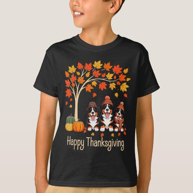 Three Bernese Mountain Dogs Fall Tree Happy Thanks T-Shirt (Vorderseite)