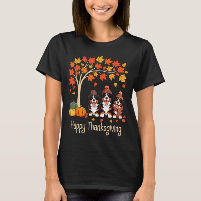 Three Bernese Mountain Dogs Fall Tree Happy Thanks T-Shirt (Vorderseite)