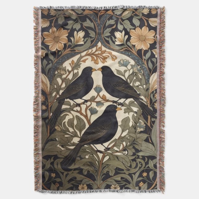 Three Black Birds William Morris Inspired  Decke (Vorderseite Vertikal)