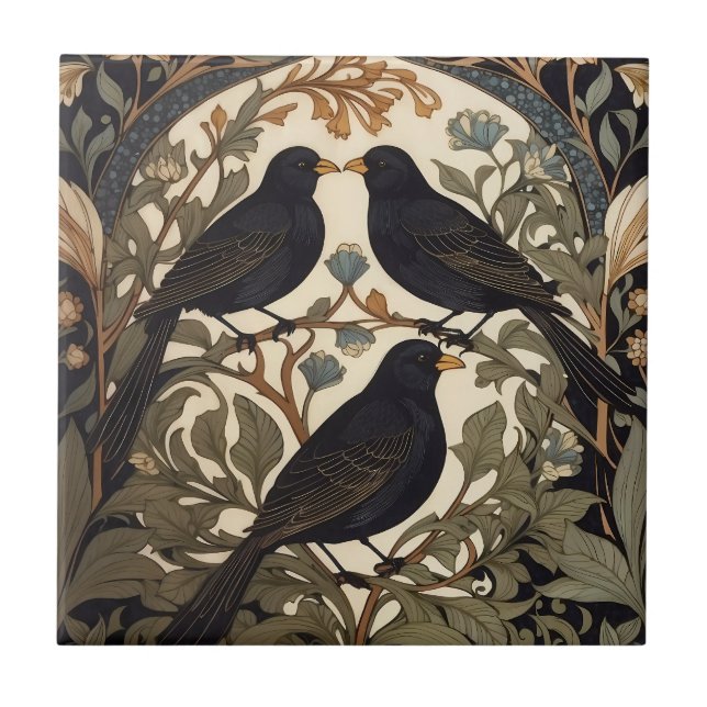Three Black Birds William Morris Inspired  Fliese (Vorderseite)