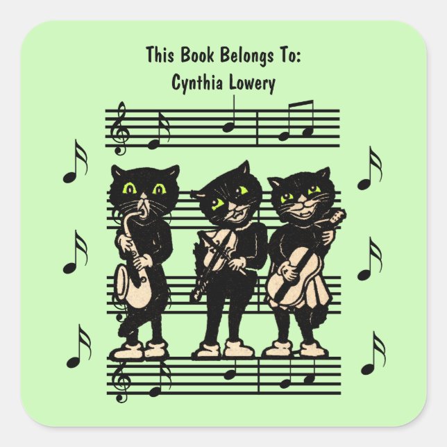 Three Black Cat Musicians Sheet Music Green Quadratischer Aufkleber (Vorderseite)