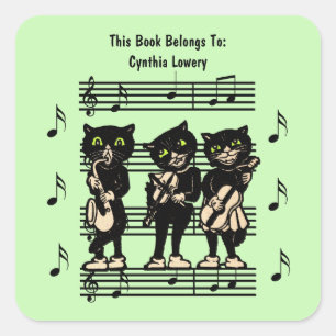 Three Black Cat Musicians Sheet Music Green Quadratischer Aufkleber