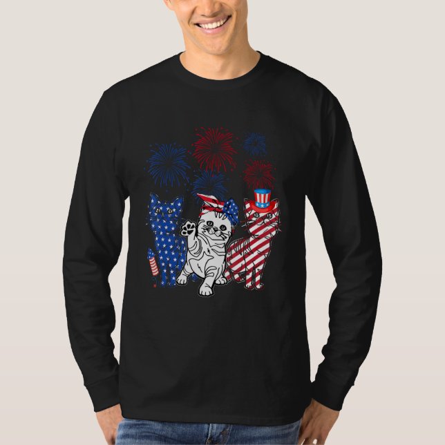 Three Cat 4th Of July American Flag Patriotic Cat T-Shirt (Vorderseite)