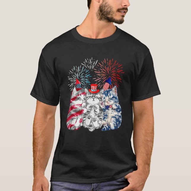 Three Cat 4th Of July American Flag Patriotic Cat T-Shirt (Vorderseite)