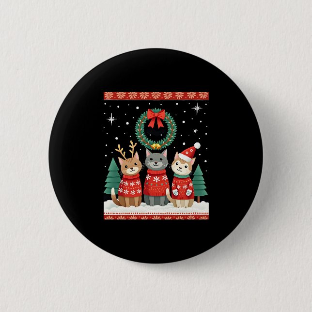 Three Cat Funny Christmas Cat Ugly Xmas Sweater Me Button (Vorderseite)