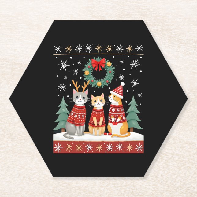 Three Cat Funny Christmas Cat Ugly Xmas Sweater Me Untersetzer (Vorderseite)