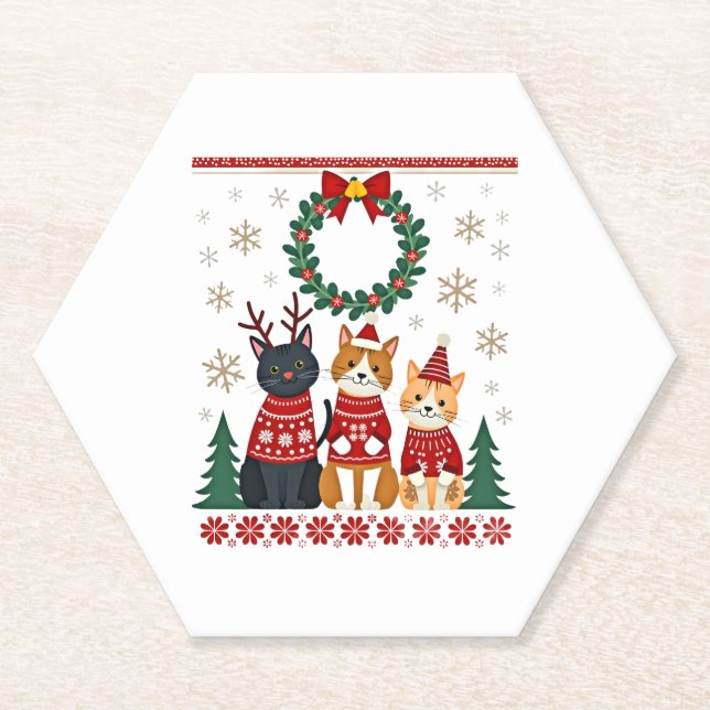 Three Cat Funny Christmas Cat Ugly Xmas Sweater Me Untersetzer (Vorderseite)