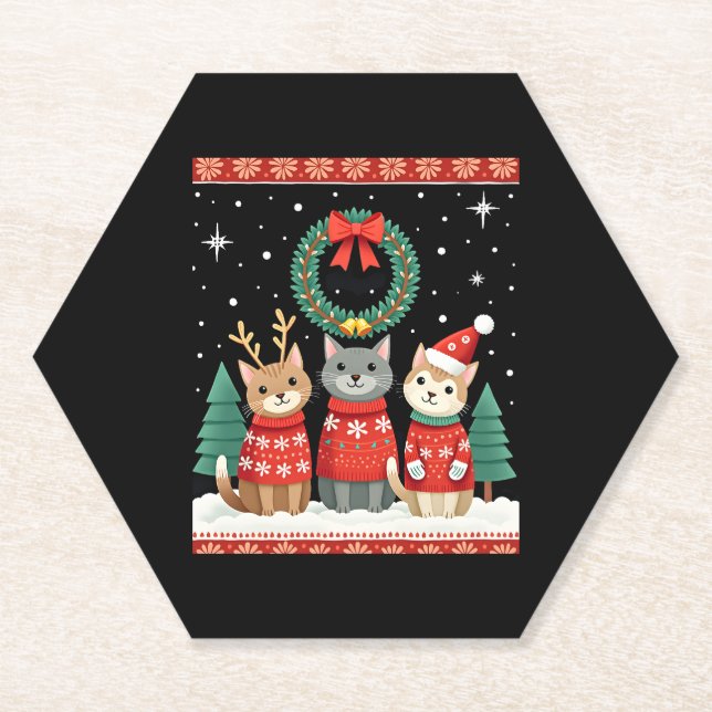 Three Cat Funny Christmas Cat Ugly Xmas Sweater Me Untersetzer (Vorderseite)