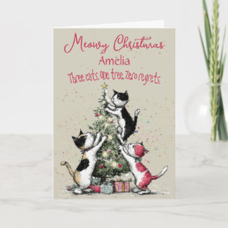 Three Cats Decorating A Tree Christmas Card Karte