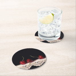 Three Cherries on lace Coaster Runder Pappuntersetzer