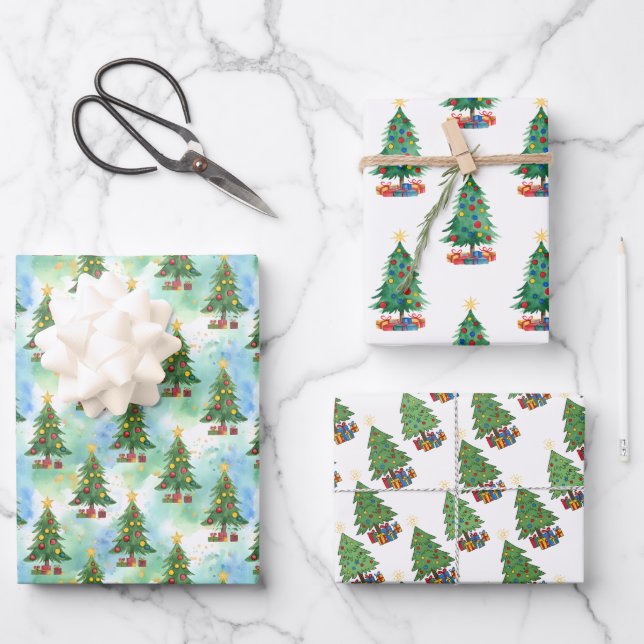 Three Christmas Trees and Gifts Patterns Geschenkpapier Set (Vorderseite)