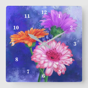 Three Color Gerberas Wall Clock - Spring Painting Quadratische Wanduhr