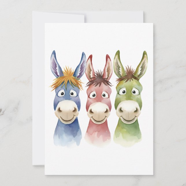 Three Colorful Cartoon Donkeys in Watercolor Style Einladung (Vorderseite)