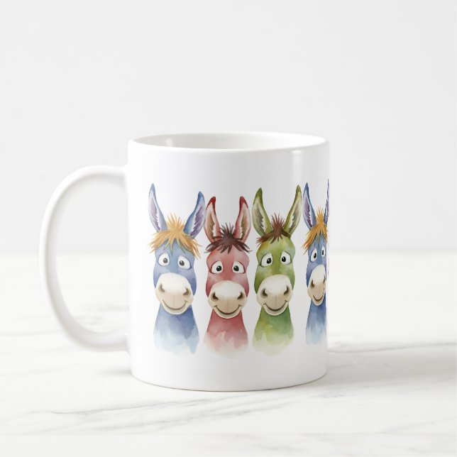 Three Colorful Cartoon Donkeys in Watercolor Style Kaffeetasse (Links)