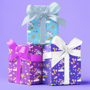 Three Colors 1. Geburtstag Einhorn-Muster Geschenkpapier Set