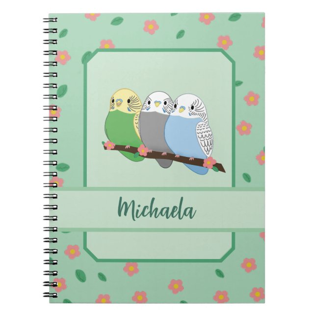 Three Cute Budgies Floral Cherry Spiral Notebook Notizblock (Vorderseite)