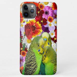 three cute green Budgies with cloroful flower iPhone 11Pro Max Hülle